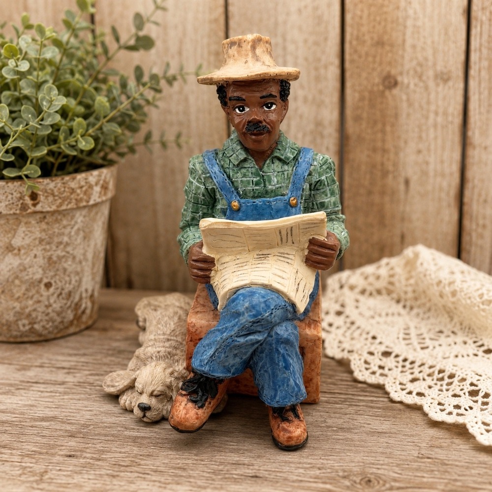 Vintage Style Resin Figurine Man Reading Newspaper with Dog Overalls Straw Hat